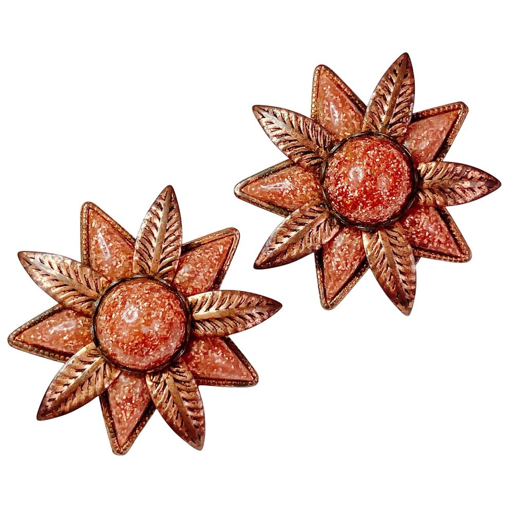 VTG 50s Mid Century Earrings Confetti Lucite Starburst Clip On Copper Finish